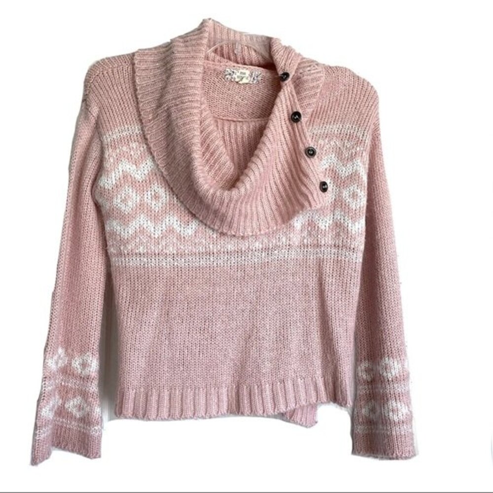Pink Republic Light Pink & White Long Sleeve Knit Sweater Button Neckline Small